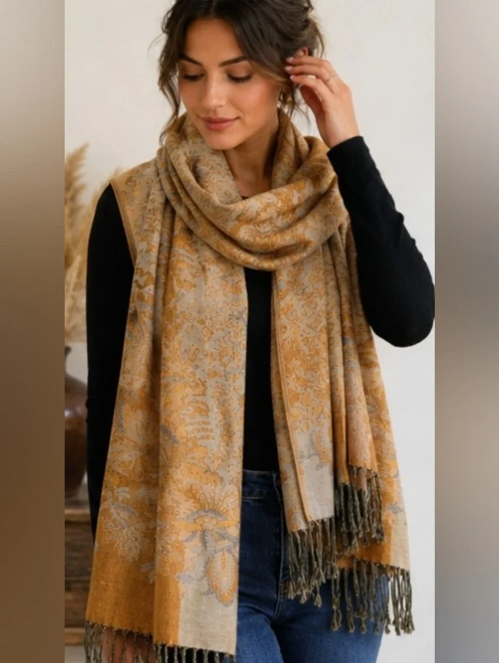Reversible Ochre Floral Woven Shawl Scarf Fringe Wrap